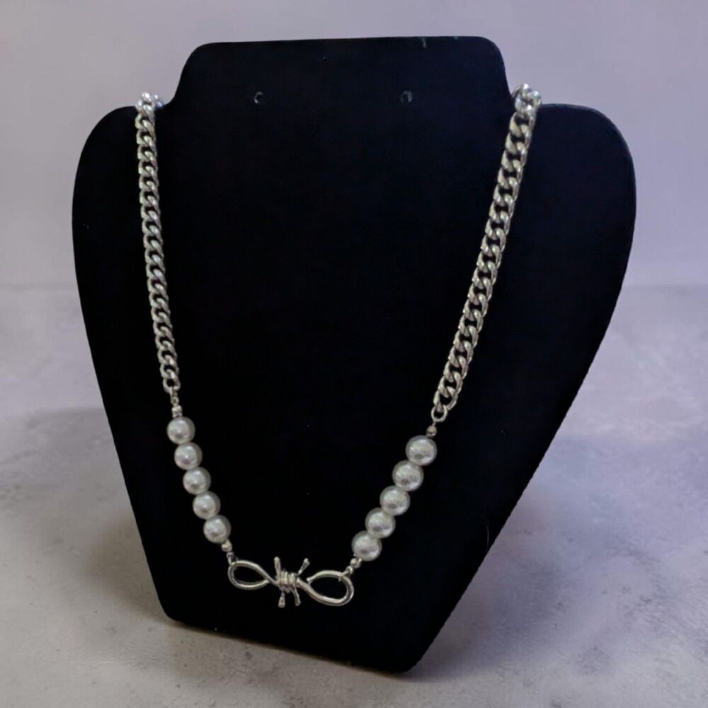 Buffalo Exchange Pearl Chain Necklace, Silver Tone Barbed Wire Bow Necklace, Y2K